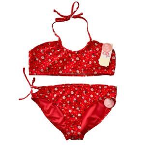 KIDS GIRLS Cream Blue & Red Floral Print Bikini Swimsuit SET – Size 14
